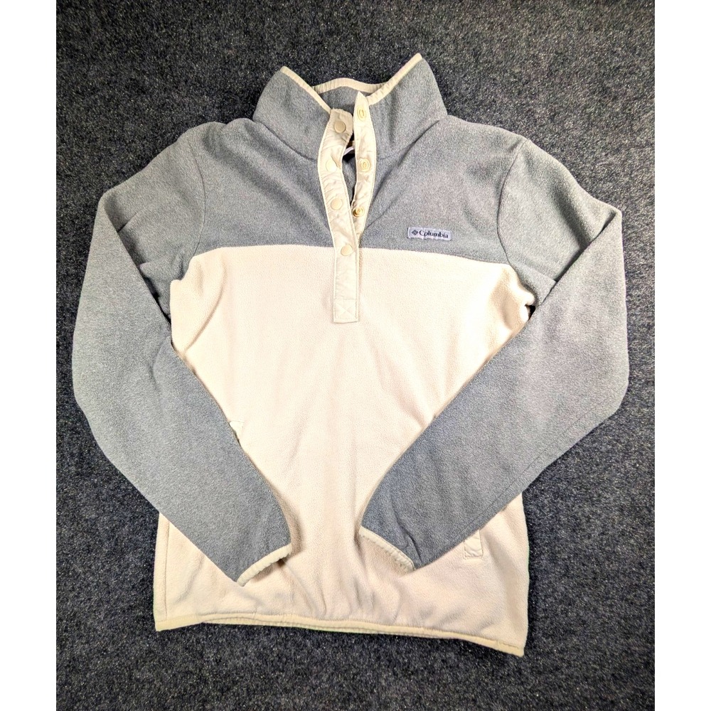 Columbia Mock Neck Colorblock Fleece Snap Pullover Sweater Gray Beige XS